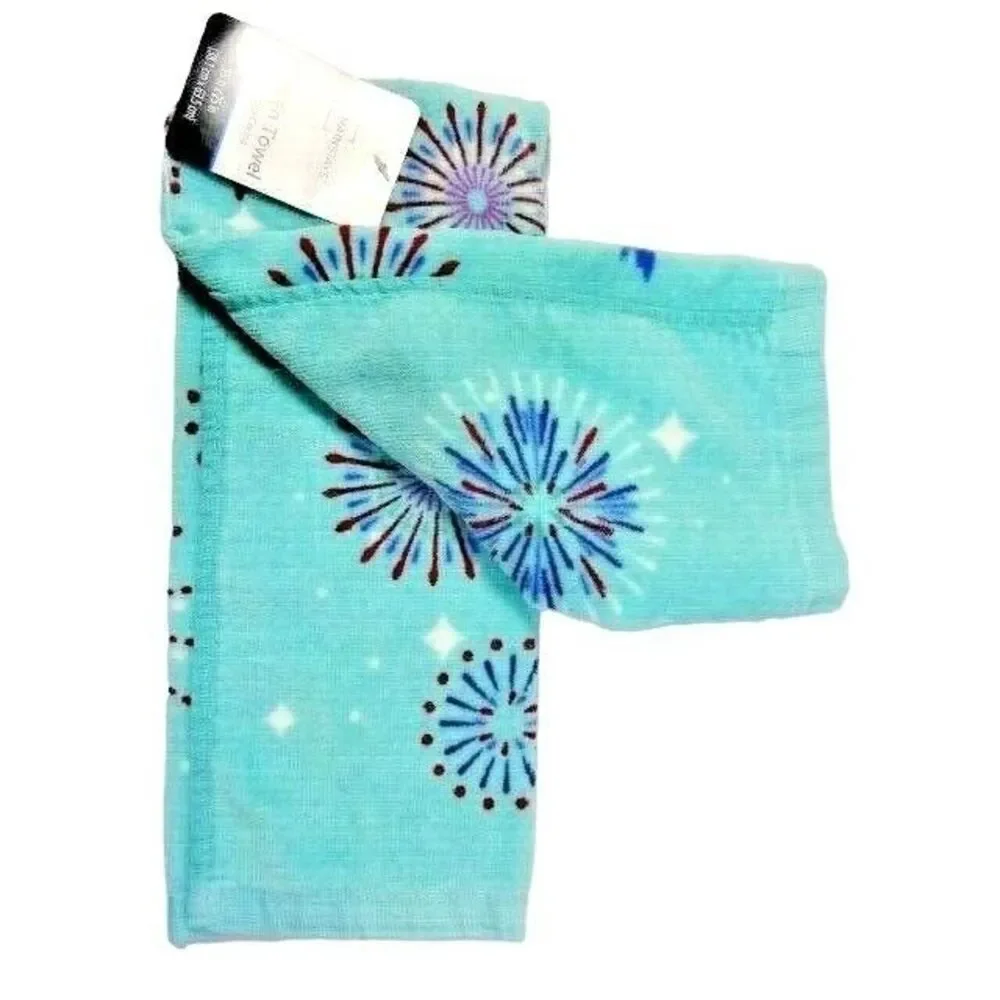 Patriotic Owl Kitchen 2-pc Towels Holiday Fireworks Bird Red White Blue on Teal